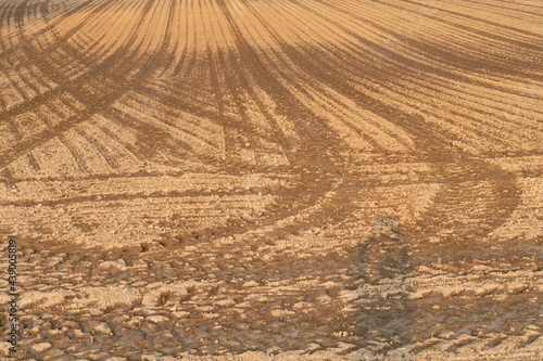 A dirt road. Freshly ploughed field with tyre tracks