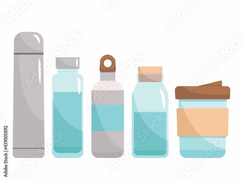 Take your water bottle. Refillable glass or metal bottles. Vector illustration in flat style. Zero waste concept, reasonable consumption, zero plastic.
