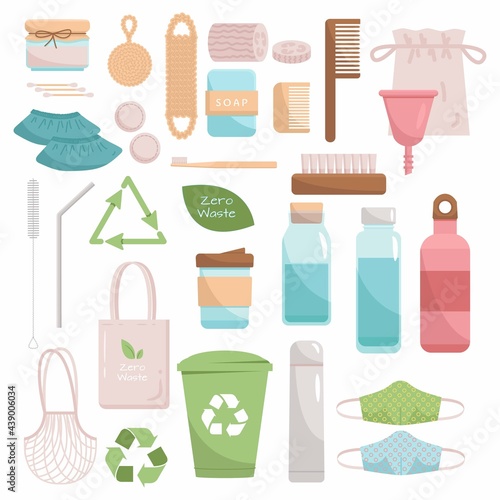Big set of Zero Waste recycle and reusable products. Go green, eco style, no plastic, save the planet objects for home, shopping and cosmetics. Durable vector collection