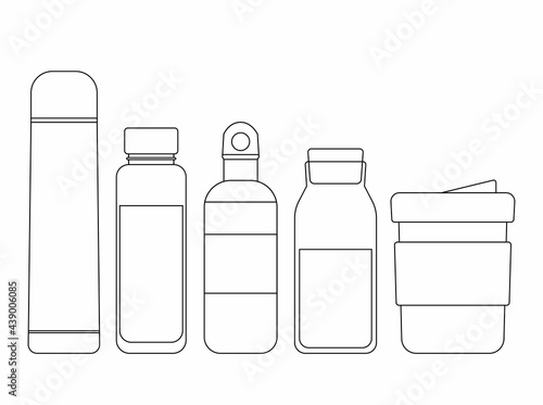 Take your water bottle. Refillable glass or metal bottles black outline. Vector line. Zero waste concept, reasonable consumption, zero plastic.