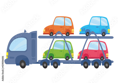 Car transporter truck deliver a new car, vector illustration in cartoon childish style. Toy transport isolated on white background.