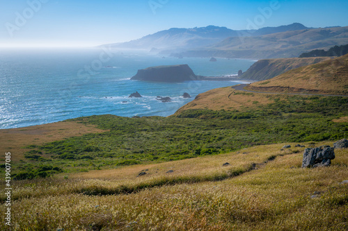 Incredible view. Bright green grass on the sea background. Sonoma Coast State Park, California, USA