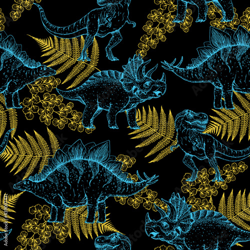 Dinosaurs hand drawn sketch. Seamless pattern. Vector illustration. Jurassic period. Herbivorous and carnivorous dinosaur. Tropical illustration.