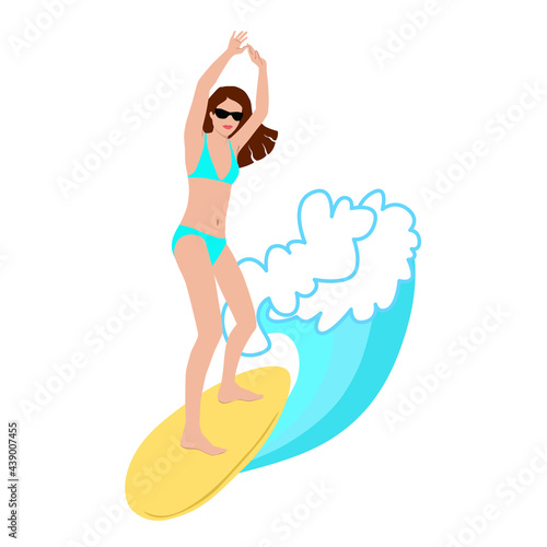 Cute girl surfing on surfboard. Hand drawn illustration. Summer surf lifestyle. Vector Background.