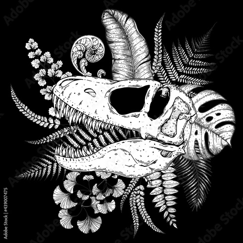 Tyrannosaurus rex and palm leaves hand drawn illustration. Tattoo vintage print. Hand drawn floral print. Tattoo design. Jungle print. Tropical illustration.