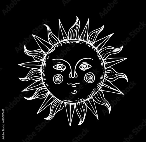 Mystical sun illustration. Hand drawn sketch. Amon ra god. Pagan symbol. Vector illustration.