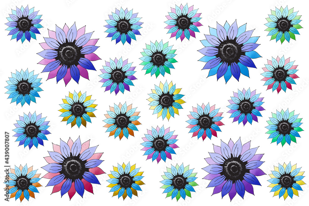 Bright drawn sunflower. Watercolor clip art big pack on white
