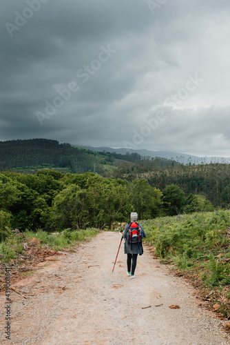 mature woman with backpack and grey hair trekking through a forest on a cloudy day. sport and healthy lifestyle.