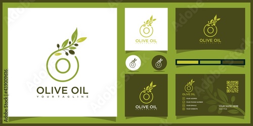 Olive oil logo design inspiration with business card. drops logo. beauty product. organic oil. 