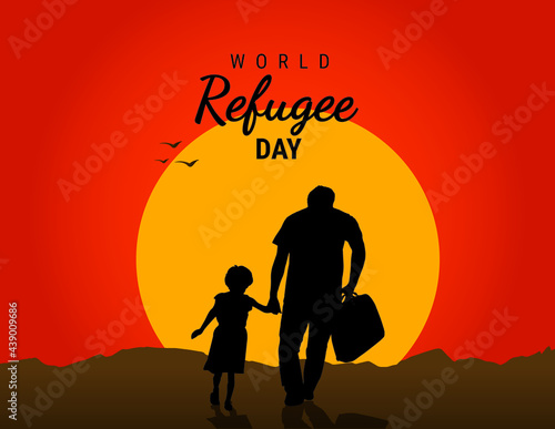 Refugee families near the fence- International Migrants Day concept. World Refugee day concept Vector Illustration. World refugee day campaign or awareness poster template.