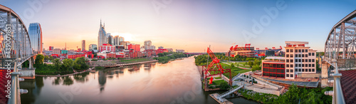 Nashville  Tennessee  USA downtown city skyline at dusk on the Cumberland River.