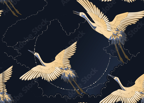 Magical nightly dark blue seamless pattern. Cranes flying in the sky with sparkling stars and air clouds. Invitation to a holiday, decoration of fairy tales, covers, prints, fabrics. Fairy banner