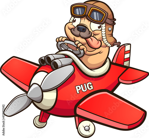Cute pilot pug flying a tiny red toy airplane. Vector clip art illustration with simple gradients. All in a single layer. 

