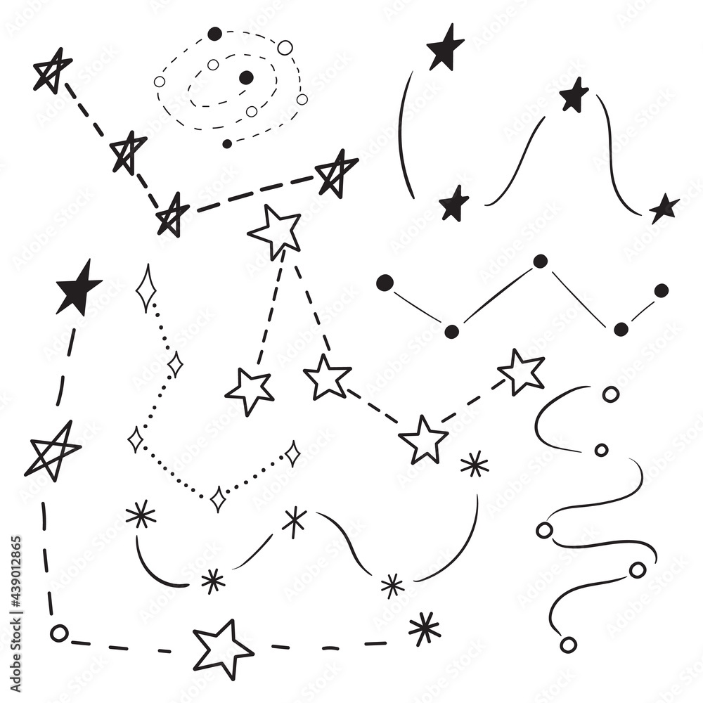 Abstract constellation doodles. Various decorative lines and stars. Galaxy black vector illustration. Space sketches. Cosmos drawings Abstract constellation doodles. Various decorative lines and stars. Galaxy black vector illustration. Space sketches. Cosmos drawings