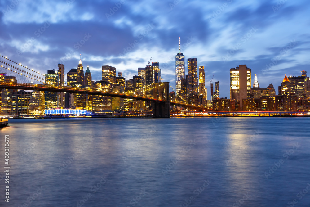 New York City skyline night Manhattan town Brooklyn Bridge World Trade Center