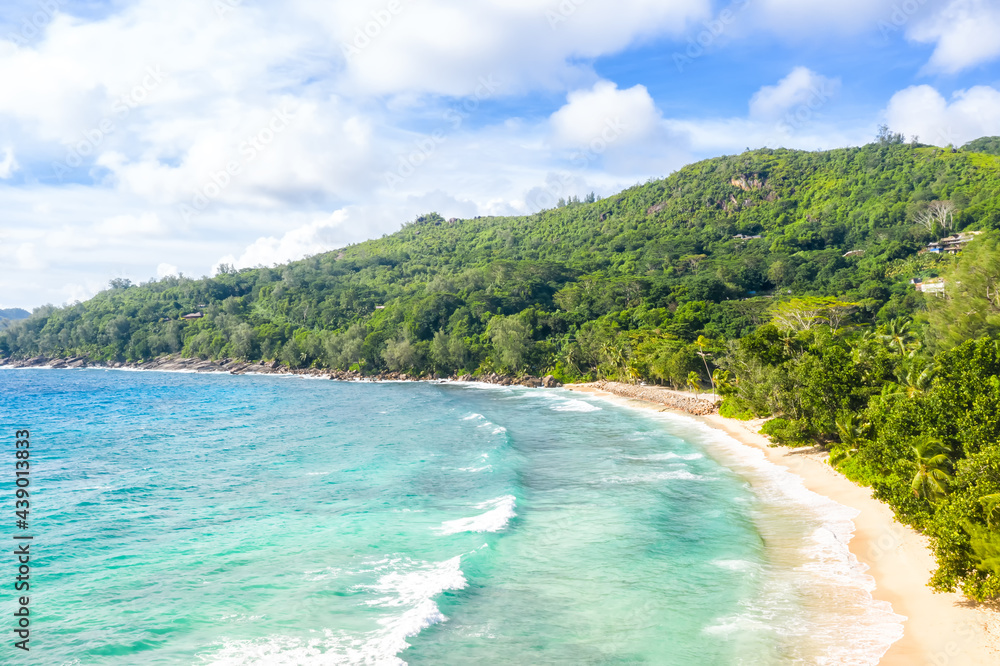 Seychelles Takamaka beach Mahe island vacation sea ocean palms drone view aerial photo