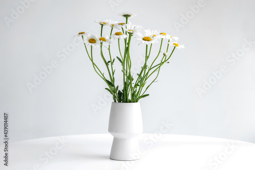 A bouquet of white daisies in a white vase on a white background.