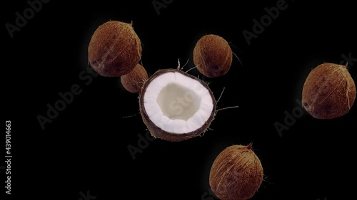Coconuts Flying and Floating in the Air on the Black Background