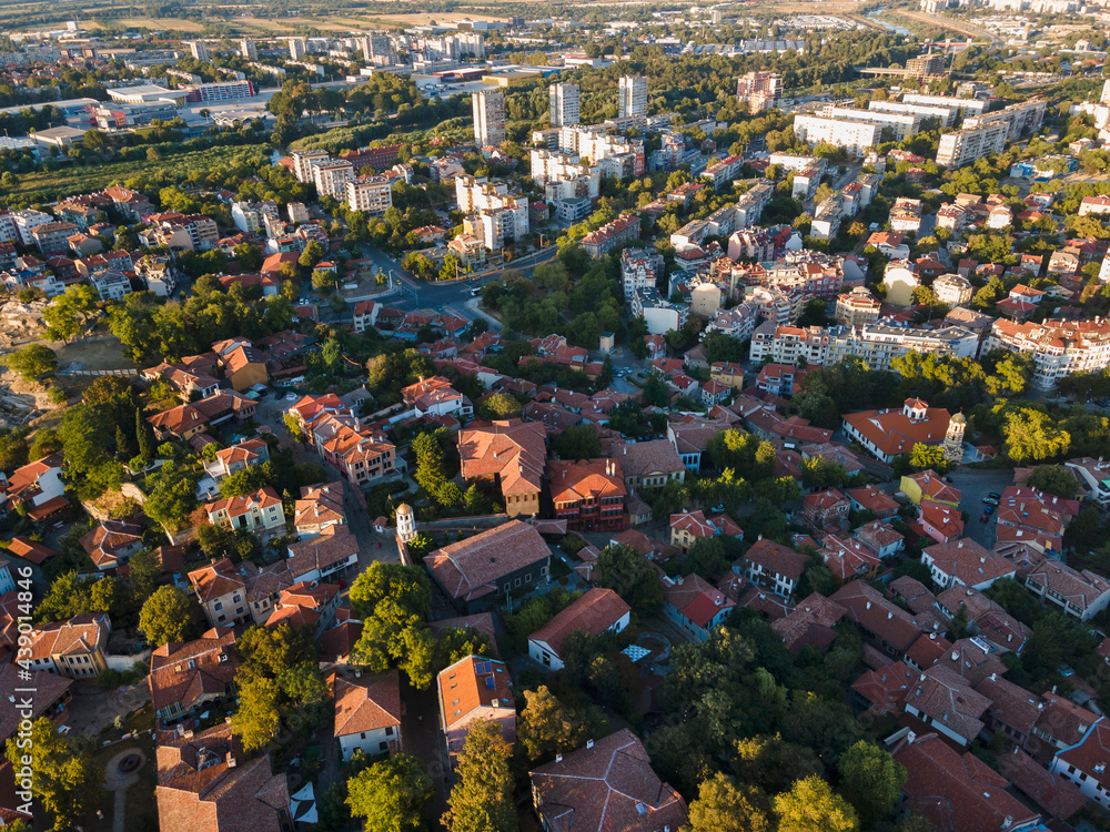 Aerial sunset view of City of Plovdiv, Bulgaria