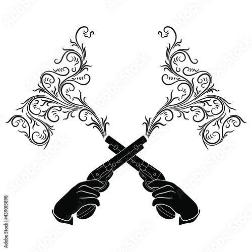 Two crossed human hands holding smoking vintage revolvers. Black and white silhouette. Creative concept for duel or conflict of opposites.