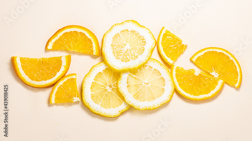 pattern of sliced orange background. Orange fruit top view with copy space.