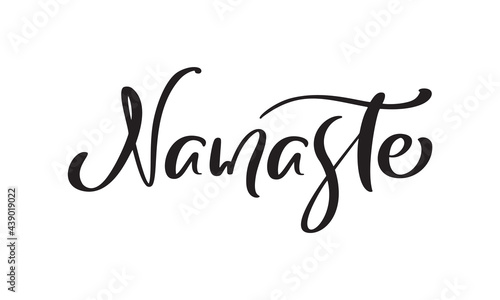 Text Namaste logo. Vector yoga illustration with lettering meditation theme. Hand written isolated on white background. Modern calligraphy