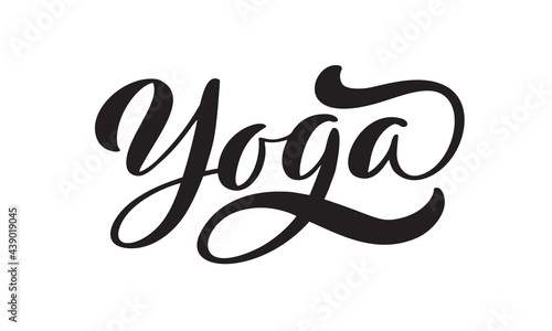 Vector lettering illustration text Yoga logo. Calligraphy letters isolated on white background. Concept of logotype, banner, greeting card. Healthy lifestyle, sport, meditation. Poster for yoga class