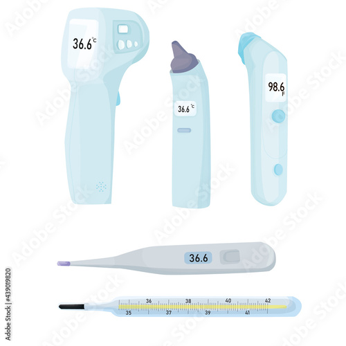 set of different thermometers isolated on white background.  first aid kit. temperature measurement. mercury and electronic thermometers. infrared non-contact thermometers. vector flat.