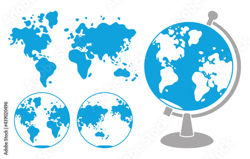 World map and globe isolated cartoon flat icons