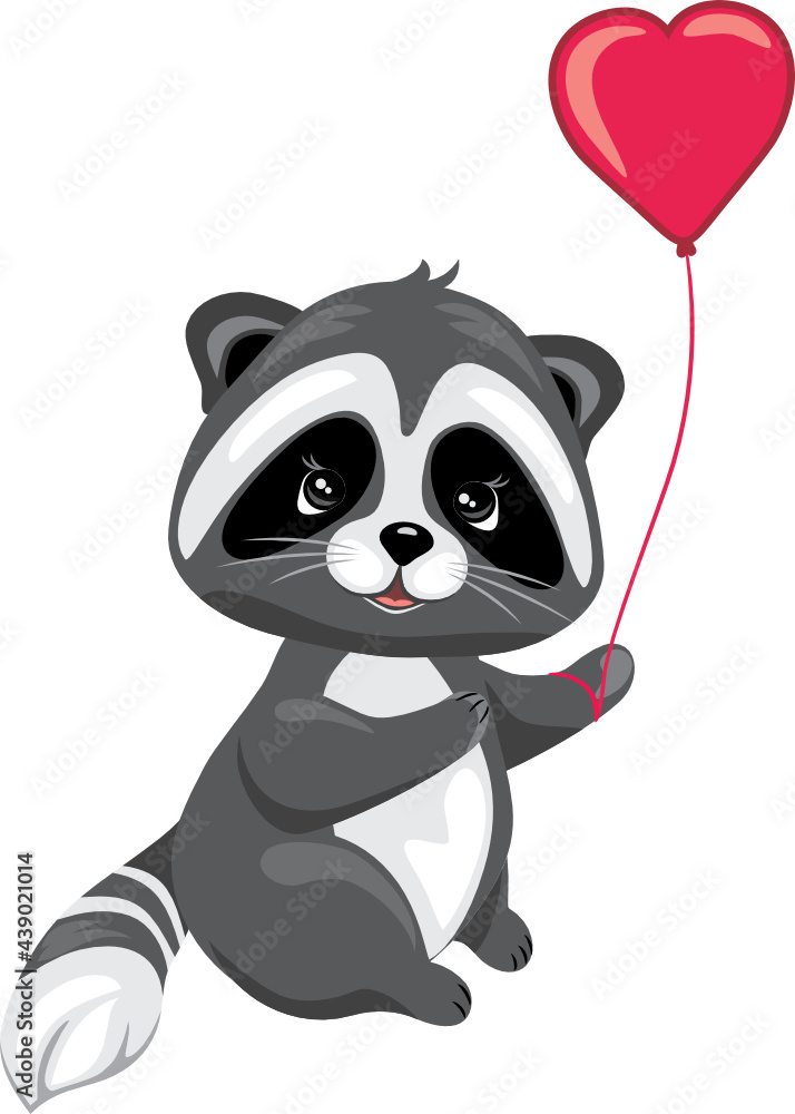 Cute raccoon holding a heart shaped balloon