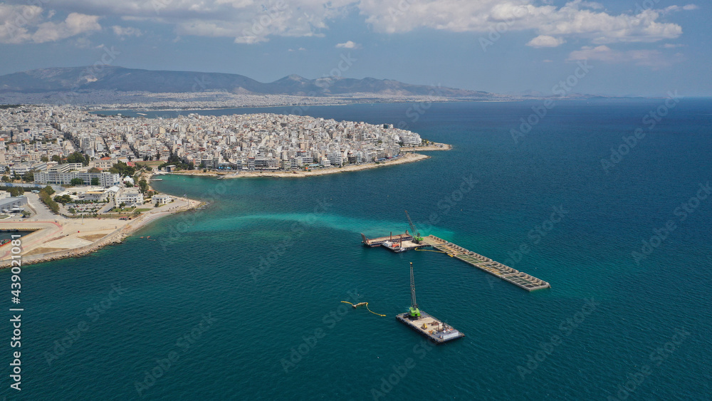 Aerial drone photo of port extension works to serve big cruise liners ships taking place in port of Piraeus, Attica, Greece