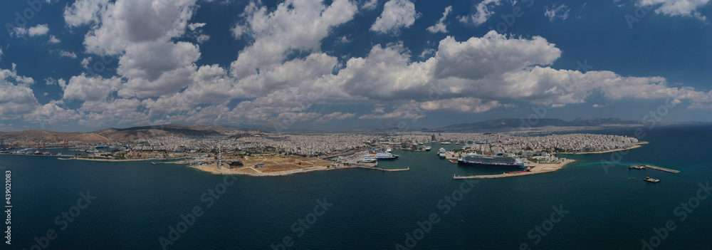 Aerial drone photo of famous port of Piraeus one of the largest in Europe, Attica, Greece