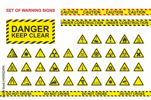 Set of safety caution signs and symbols. Safety signs yellow triangles and warning strips.