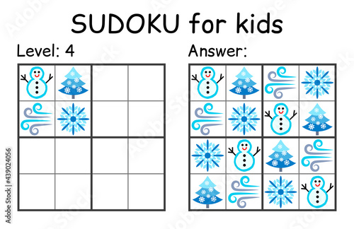 Sudoku. Kids and adult mathematical mosaic. Kids game. Winter theme. Magic square. Logic puzzle game. Digital rebus