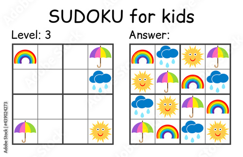 Sudoku. Kids and adult mathematical mosaic. Kids game. Weather theme. Magic square. Logic puzzle game. Digital rebus