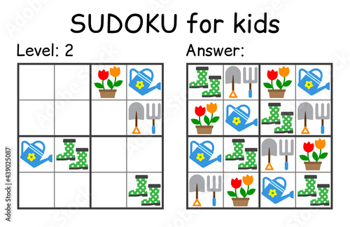 Sudoku. Kids and adult mathematical mosaic. Kids game. Garden theme. Magic square. Logic puzzle game. Digital rebus