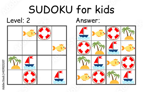 Sudoku. Kids and adult mathematical mosaic. Kids game. Marine theme. Magic square. Logic puzzle game. Digital rebus