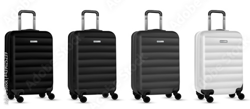 Suitcase white background. Silver plastic luggage or vacation baggage bag collection isolated. Copy space of summer vacation and business travel concept.