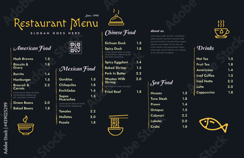 Restaurant cafe menu, template design.
One page food menu template.