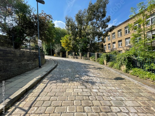 Looking up, a restored stone cobbled , Westbrook Street, with plants, trees, and buildings, in the post industrial city of, Bradford, Yorkshire, UK