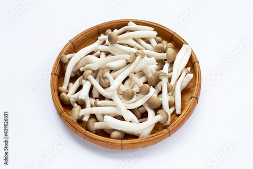 Brown beech mushrooms, Shimeji mushroom, Edible mushroom in bamboo basket on white background.