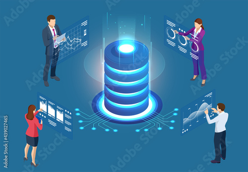 Isometric cloud computing concept represented by a server, with a cloud representation hologram concept. Data center cloud, computer connection, hosting server, database synchronize technology