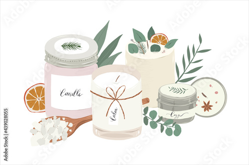 Modern scented candles, various soy wax aromatic candles in glass jars and tins, decorated with leaves and plants. Natural soy wax flakes, realistic hand drawn illustration