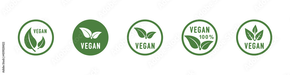 Vegan round icons set. Vegan food sign with leaves. Logo. Tag for cafe restaurants packaging design. Bio, Ecology, Organic Logos and Badges, Label. Vegan food diet icon, bio and healthy food. Vector - obrazy, fototapety, plakaty 