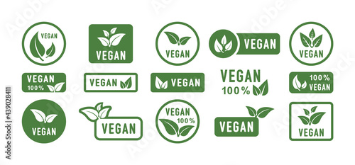 Vegan icon set. Vegan food sign with leaves. Logo. Tag for cafe restaurants packaging design. Bio, Ecology, Organic Logos and Badges, Label. Food diet icon, bio and healthy food. Vector photo