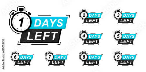 Countdown left days, promo offer. Days to go nine, eight, seven, six, five, four, three, two, one. Set of icons with stopwatch for advertising and promotion. Count time sale. Vector. EPS 10