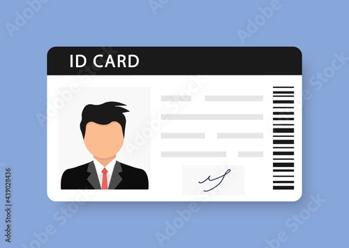 Male plastic ID cards, car driver licences with man photo on blue background. ID card, identification card, drivers license, identity verification, person data. Vector illustration