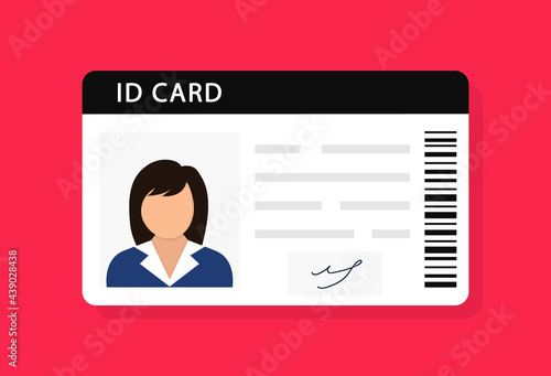 Woman plastic ID cards, car driver licence with female photo on red background. ID card, identification card, drivers license, identity verification, person data. Vector illustration