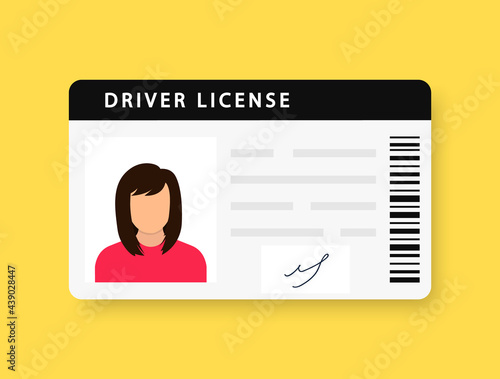 Woman plastic ID cards, car driver licence with female photo on yellow background. ID card, identification card, drivers license, identity verification, person data. Vector illustration