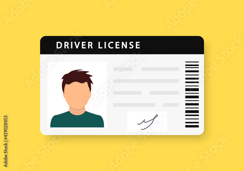 Male plastic ID cards, car driver licence with man photo on yellow background. ID card, identification card, drivers license, identity verification, person data. Vector illustration